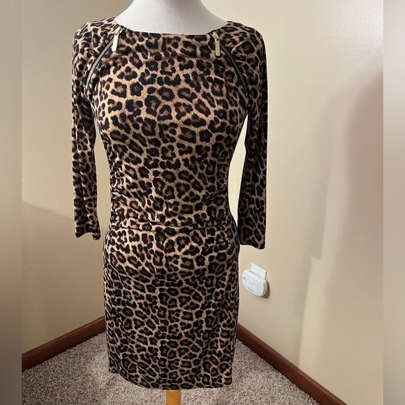 MICHAEL Michael Kors Leopard Ruch Midi Dress Sz S EUC - Picture 4 of 5